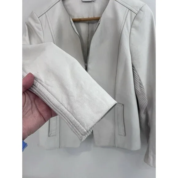 Vince Lamb Leather Zip Collarless Jacket Mix Knit Sleeve Ivory/White Cream Sz 6